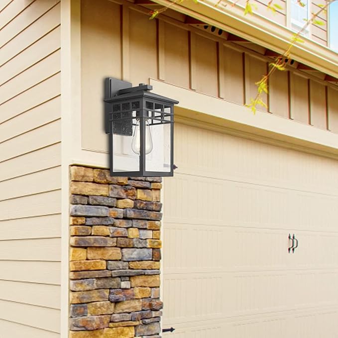 Outdoor Light Fixture Wall Mount, Modern Exterior Lights Fixture Wall Sconces with Seeded Glass for Front Porch, Farmhouse Rustic Waterproof Lantern Lamp in Black Finish for Home, Barn, Garage
