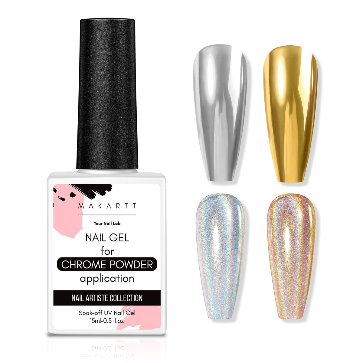 Makartt Gel Top Coat For Chrome Nail Powder - 15Ml No Wipe High Gloss Top Coat Gel Nail Polish Mirror Shine Nail Gel Long Lastin