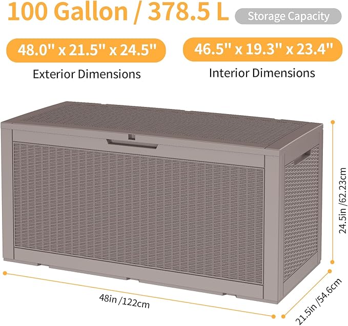 DRATO 100 Gallon Large Deck Box, Outdoor Storage Box for Patio Furniture, Patio Cushions, Gardening Tools, Pool Supplies,660lbs Weight Capacity,Waterproof Resin Storage Boxes