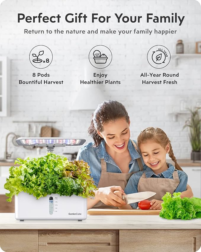Hydroponics Growing System Garden: 8 Pods Indoor Herb Garden with Grow Light Plants Germination Kit Quiet Automatic Hydroponic Height Adjustable - Gardening Gifts for Women Kitchen White