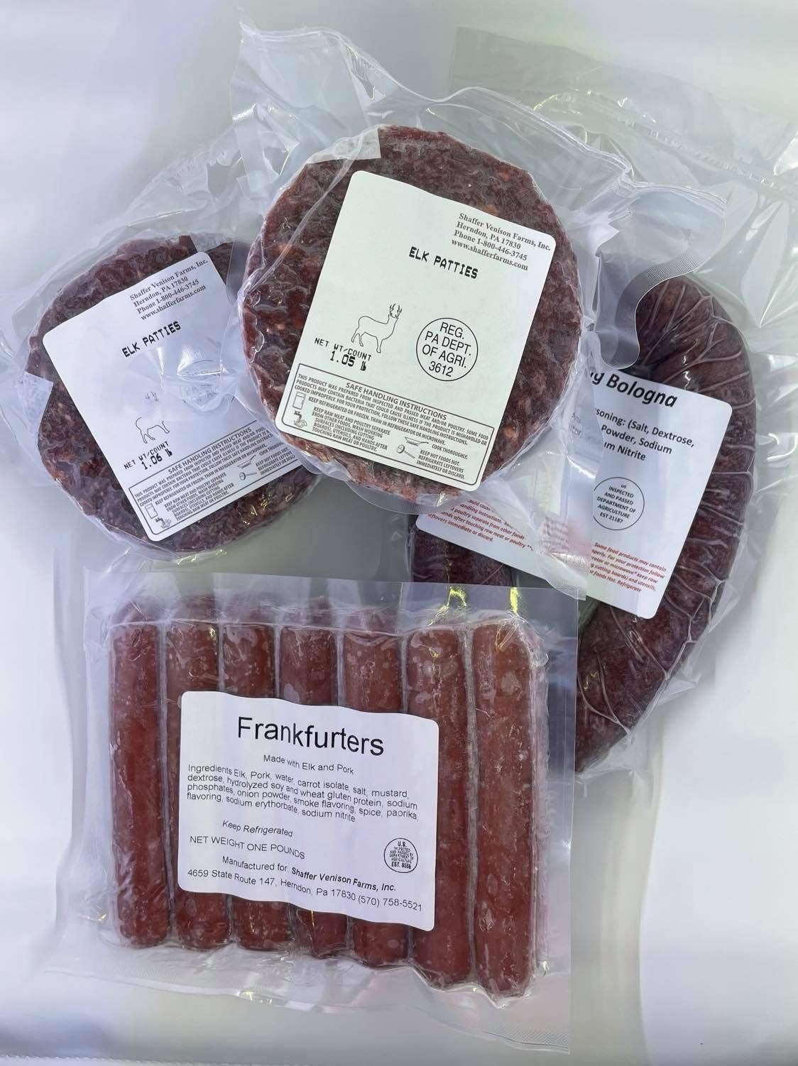 Shaffer Venison Farms, Elk Tailgating/Picnic Package- 2-LB of Patties, 1 lb Frankfurters, 1 lb Ring Bologna,