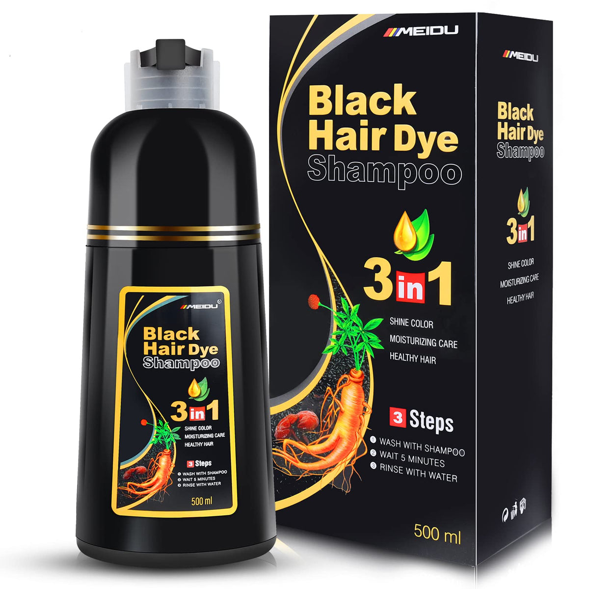 Iiimeidu Meidu Black Hair Dye Shampoo 3 In 1, Shampoo For Color Treated Hair 100% Gray Coverage For Women Men, Natural Herbal In