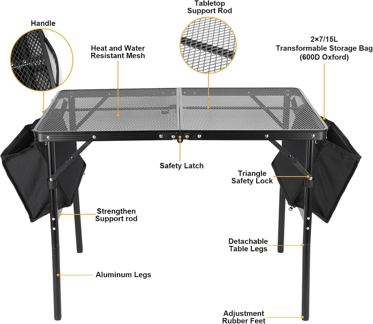 Camping Table 3FT Grill Table with 2×7/15L Storage Bag Foldable Folding Table Picnic Portable Stand Mesh 2 Height Adjustable Outdoor Card BBQ 35.4×23.6×26 inch