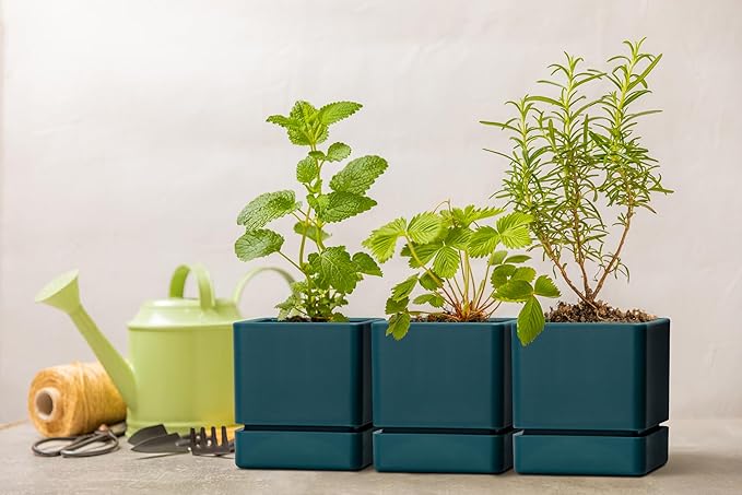 4 Inch Herb Planter Pot, Plastic Planter with Drainage Holes and Saucer, Modern Decorative Gardening Pot for Indoor Plants, Flowers, Herbs, Succulents, Green, Set of 6, 76-Y-C-6