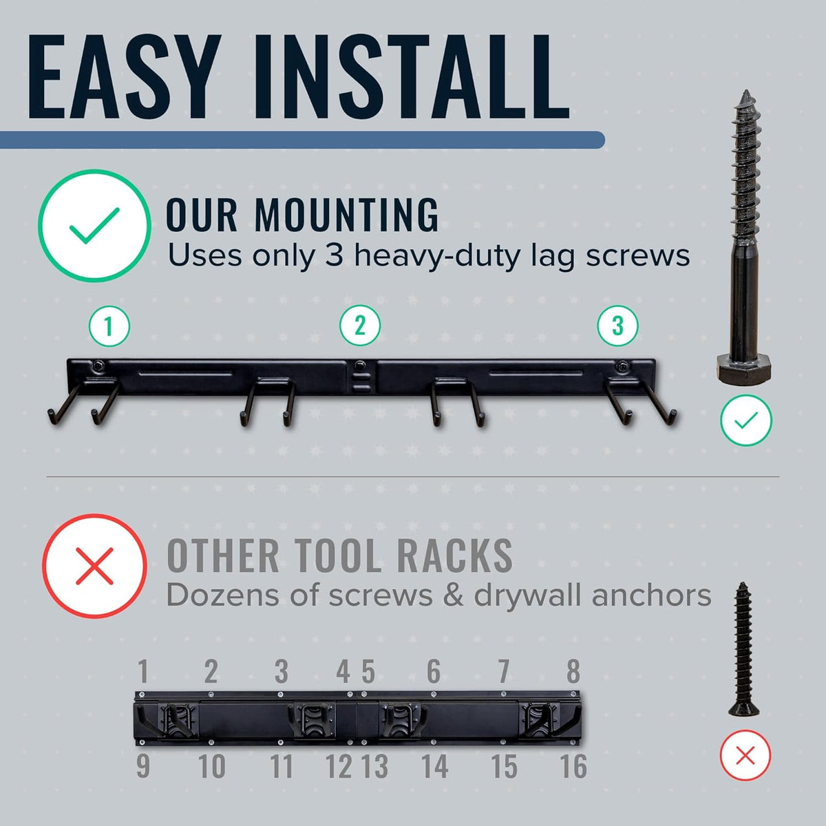 StoreYourBoard Wall-Mounted Rack With 4 Garage Hooks – Heavy-Duty Steel Holder Garage & Garden Storage for Shed, Workshop, or Home Organization – For Rakes, Shovels, Tools & More – 1 Pack, Mud