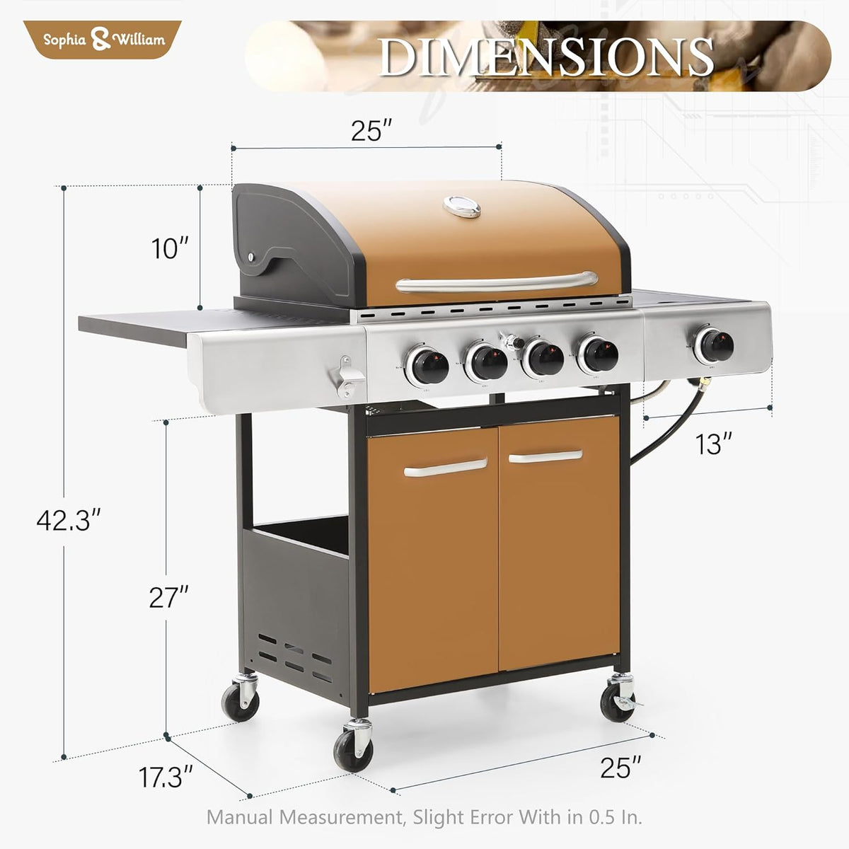 Sophia & William 4-Burner Gas BBQ Grill with Side Burner and Porcelain-Enameled Cast Iron Grates, 42,000BTU Propane Grills Outdoor Cooking Barbecue Grill Cabinet Style, Golden