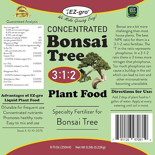Professional Liquid Bonsai Fertilizer by EZ-gro | 3:1:2 Ratio Concentrate Indoor Plant Fertilizer for Your Bonsai Tree | 8 oz