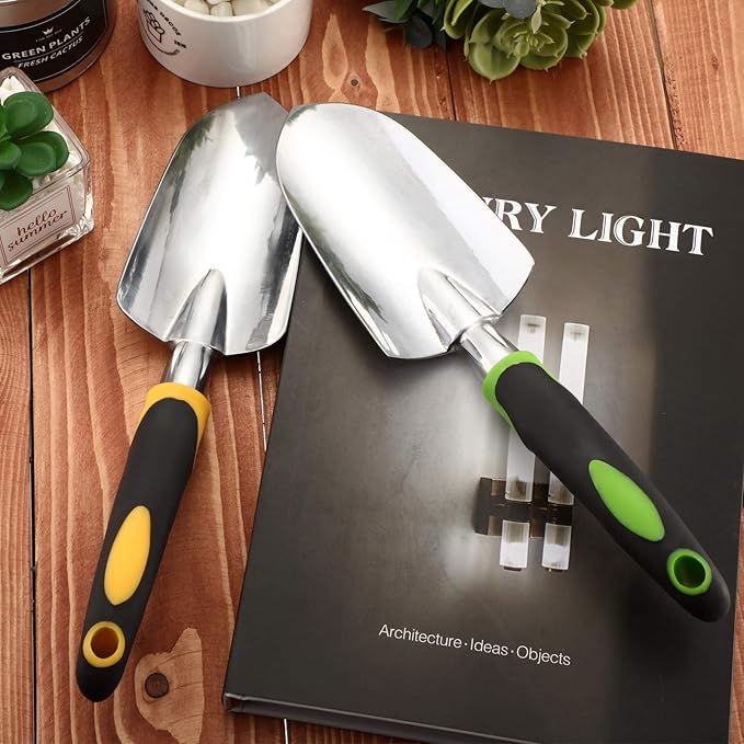 2 Pcs Garden Trowel Hand Shovel Tool Soil Scoop with Soft Rubberized Non Slip Handle Aluminum Alloy Potting Shovel for Digging Planting (Yellow, Green)