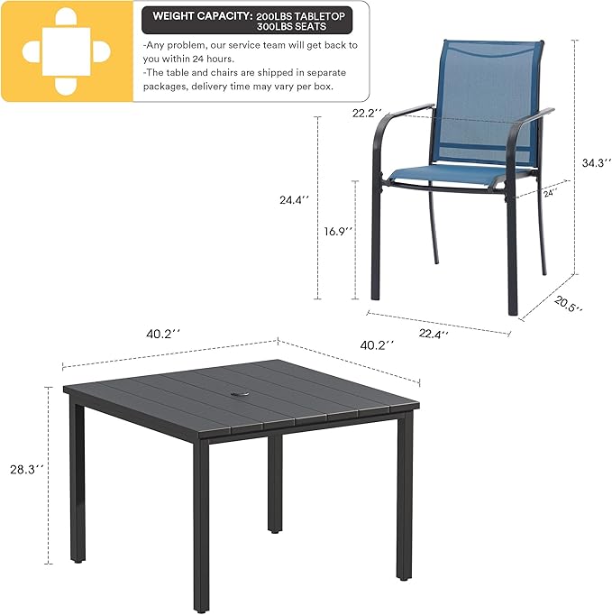 VICLLAX Patio Dining Set for 4, Outdoor Furniture Set Includes 40.2" Square Patio Table and 4 Stackable Patio Sling Chairs, Patio Table and Chairs for Outsides, Black Table and Blue Chairs