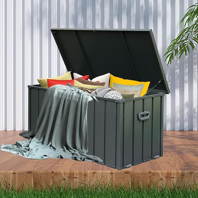 Domi Deck Box Outdoor 150 Gallon, Waterproof Lockable Steel Outdoor Storage Container for Outside Cushions, Garden Tools and Pools Equipment, Gray