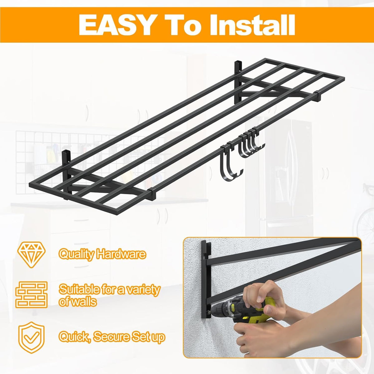 2-Pack 1×4ft Steel Wall Mounted Garage Shelves with Hooks, 300LB Each Heavy Duty Shelving for Garage Storage & Organization