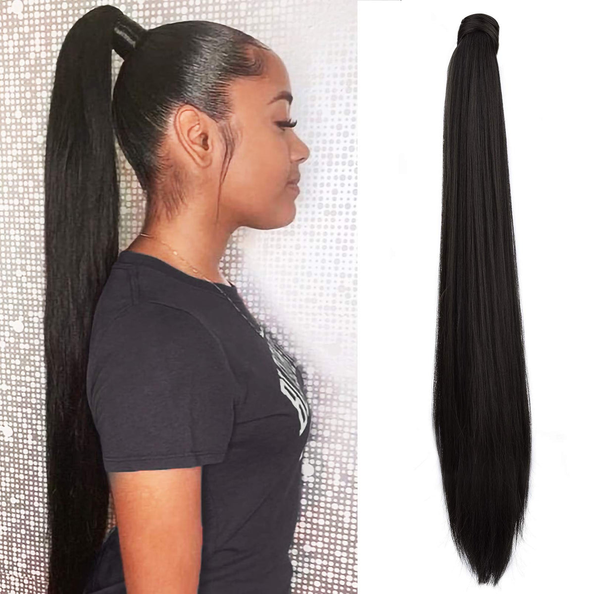 Seikea 32 Inch Clip In Ponytail Extension Wrap Around Long Straight Pony Tail Hair Synthetic Hairpiece For Women - Black Brown