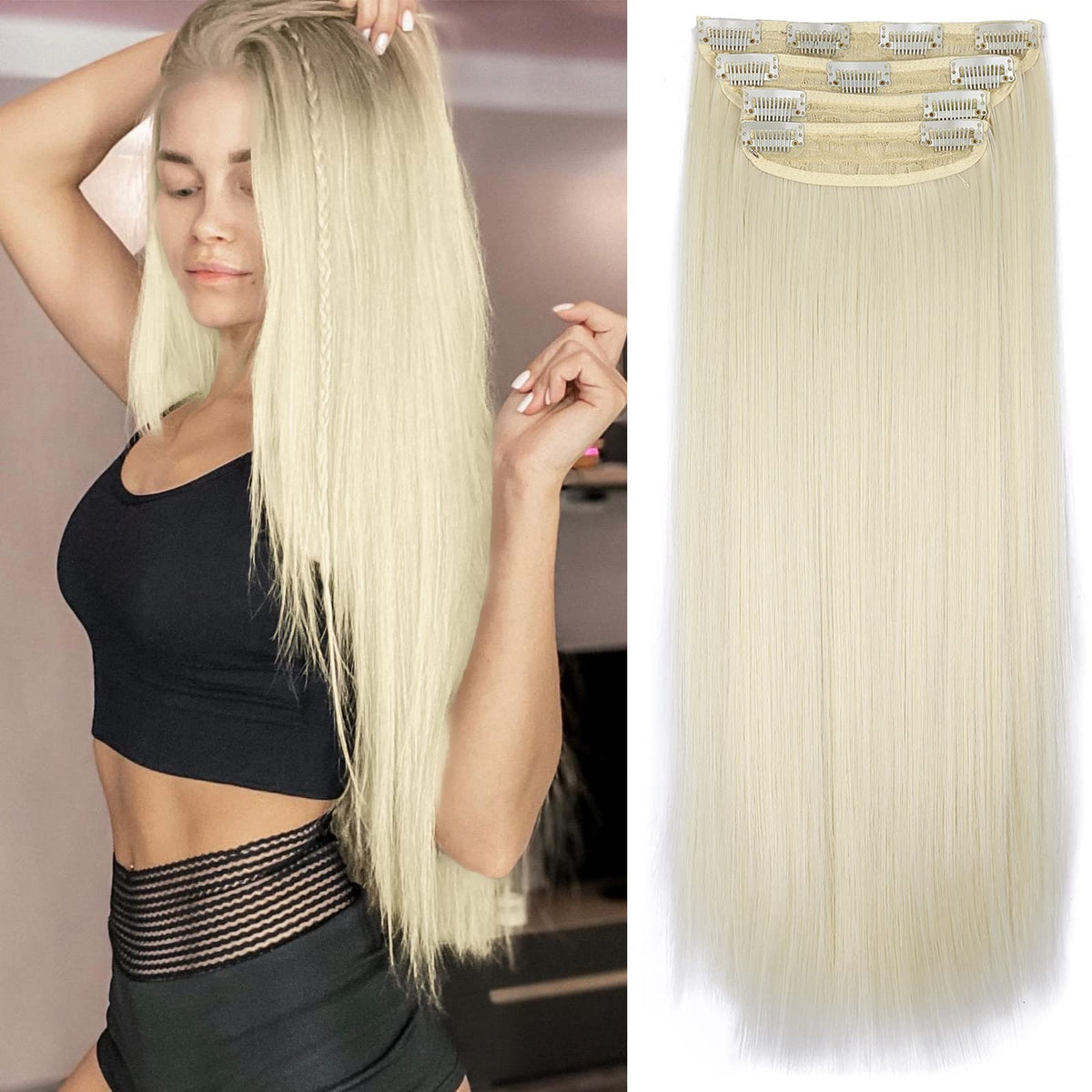 Clip In Synthetic Hair Extensions Long Straight 4Pcs Thick Hairpieces 613 Blonde Fiber Double Weft Natural Hair Extensions 20 In
