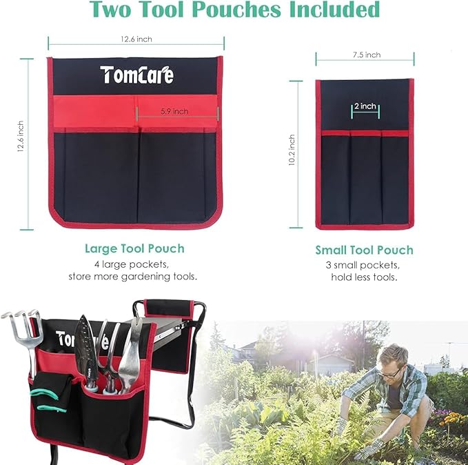 TomCare Garden Kneeler Seat Garden Bench Garden Stools Foldable Stool with Tool Bag Pouch EVA Foam Pad Outdoor Portable Kneeler Christmas Gardening Gifts for Women Men,Large 21.65"x10.62"x18.89",Black