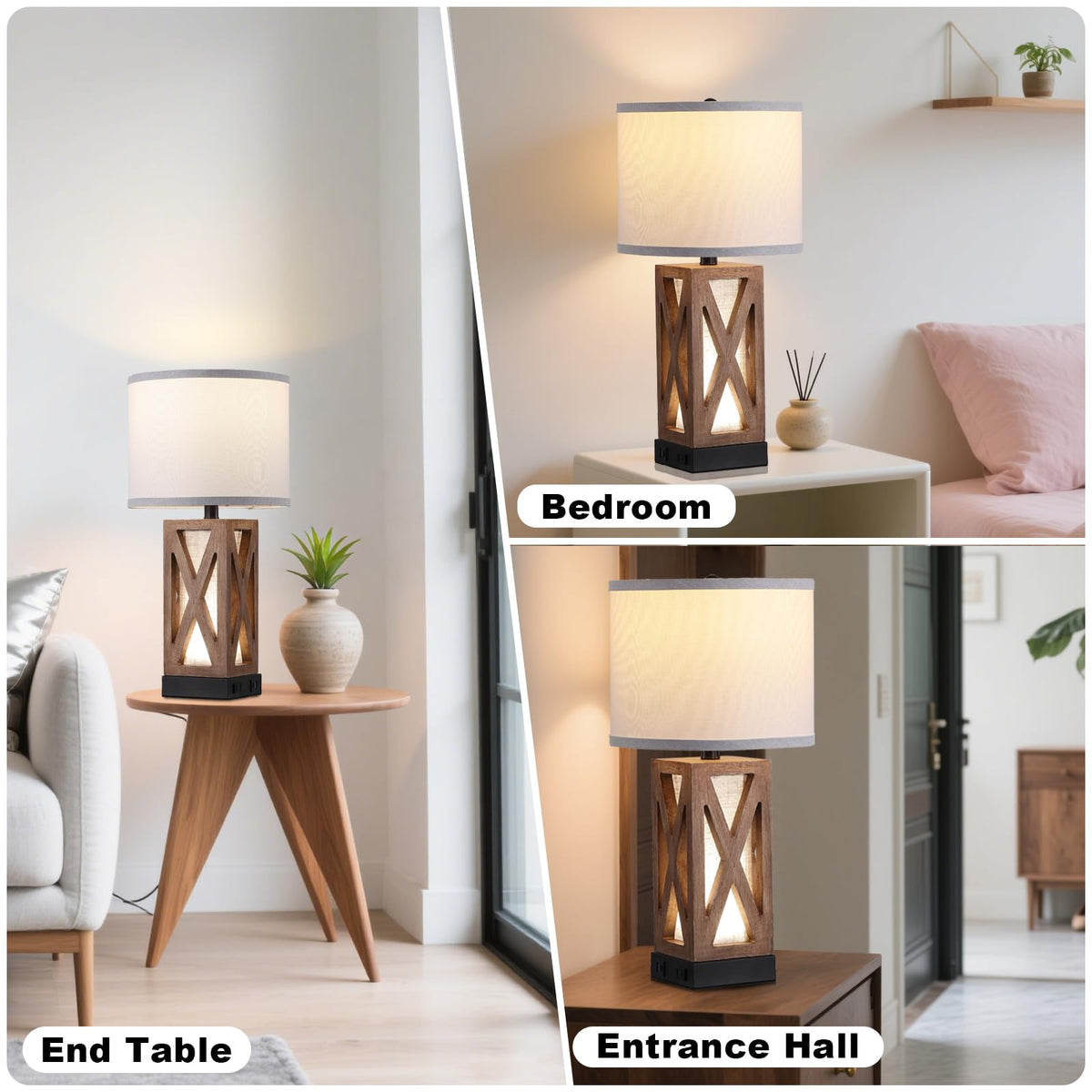 YJSQOEOE Wood Table Lamp with 3 Color Temperatures, Nightstand Table Lamp with AC Outlet, USB A & C Charging Port, Bedside Lamp for Living Room, Bedroom, Office Reading, Burlywood
