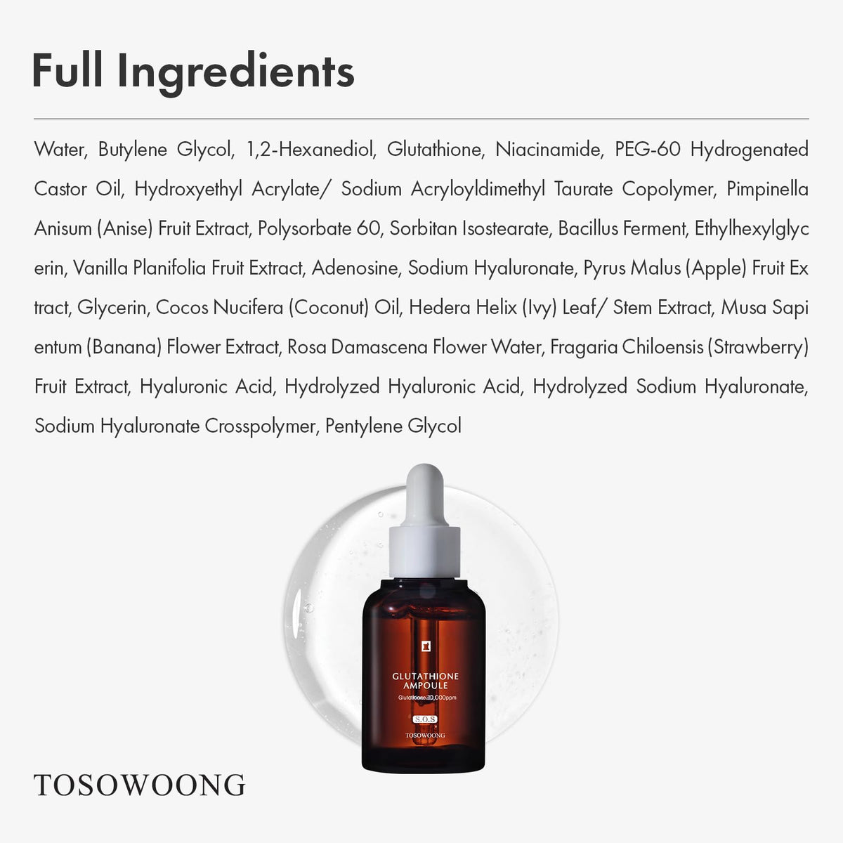 TOSOWOONG Glutathione 2% Serum, Dark Spots & Elasticity, Radiant Complexion