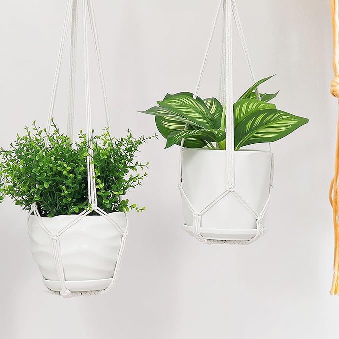 YIBOT 2 Pack 35" Macrame Plant Hanger Indoor Hanging Planter for Plants Holder with 2 Hooks,No Tassels for Indoor Outdoor Boho Home Decor, Ivory (POTS NOT Included)