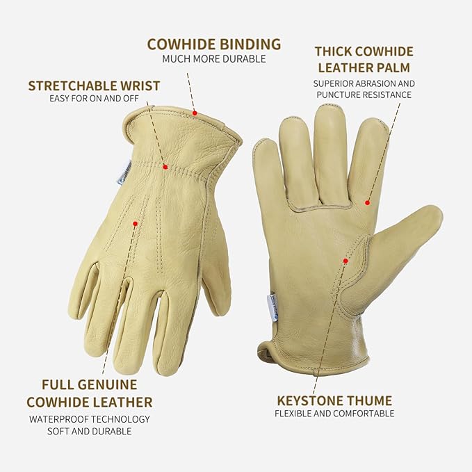 HLDD HANDLANDY Leather Work Gloves for Men & Women, Adjustable Wrist Cowhide Gardening Glove with Reinforced Palm for Driver