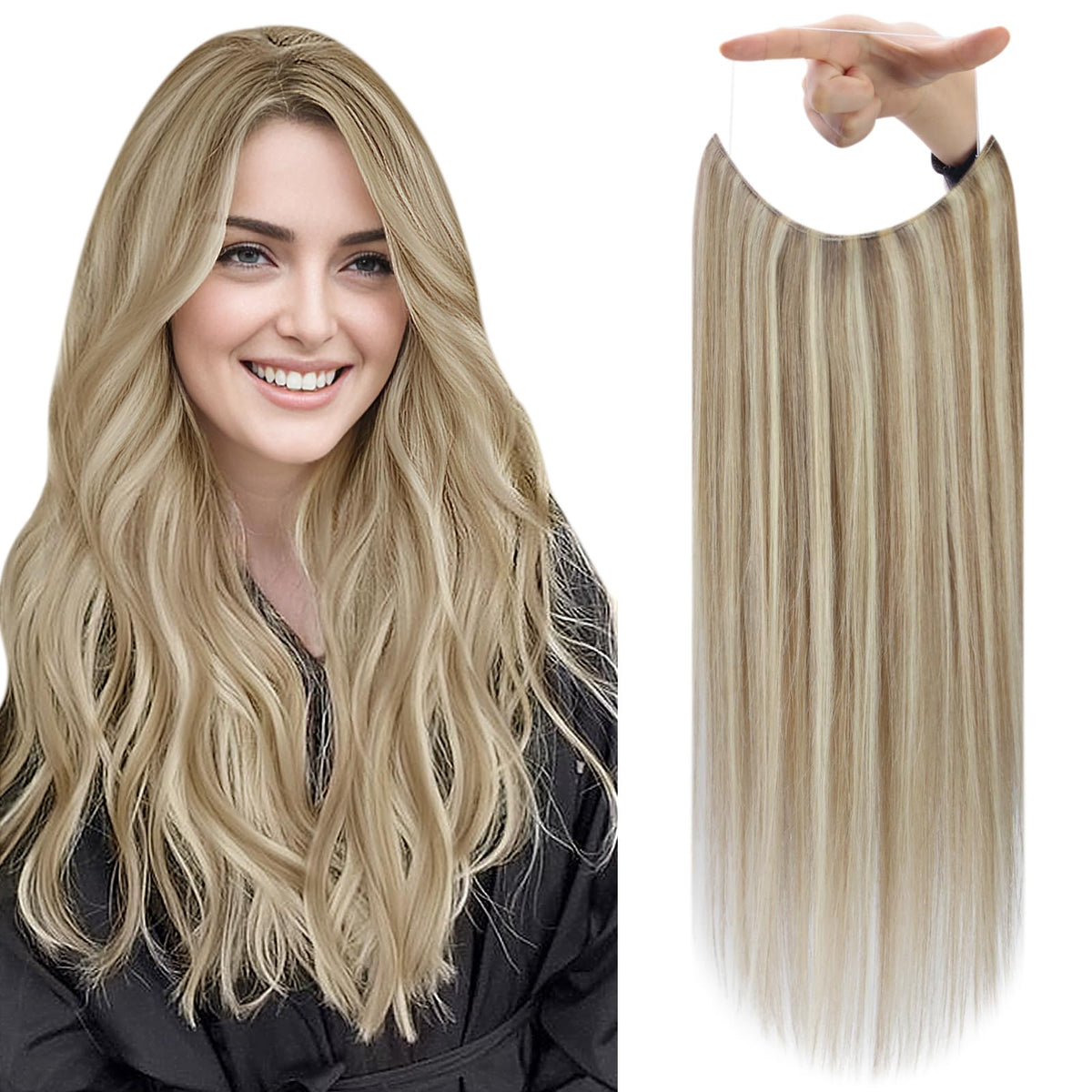 Fshine Wire Human Hair Extensions Balayage Dirty Blonde Highlighted Butter Blonde 18 Inch Natural Invisible Wire Hair Extensions