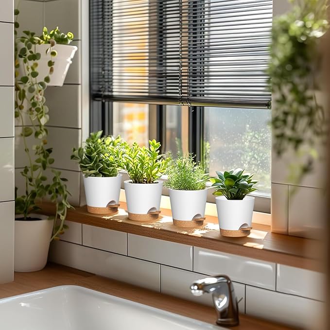4 inch Self Watering Pots for Indoor Outdoor Plants, 6 Pack Plastic Flower Planters with Drainage Holes and Removable Saucers, Plant Pots with Wicking Rope, Modern Decor, White Brown