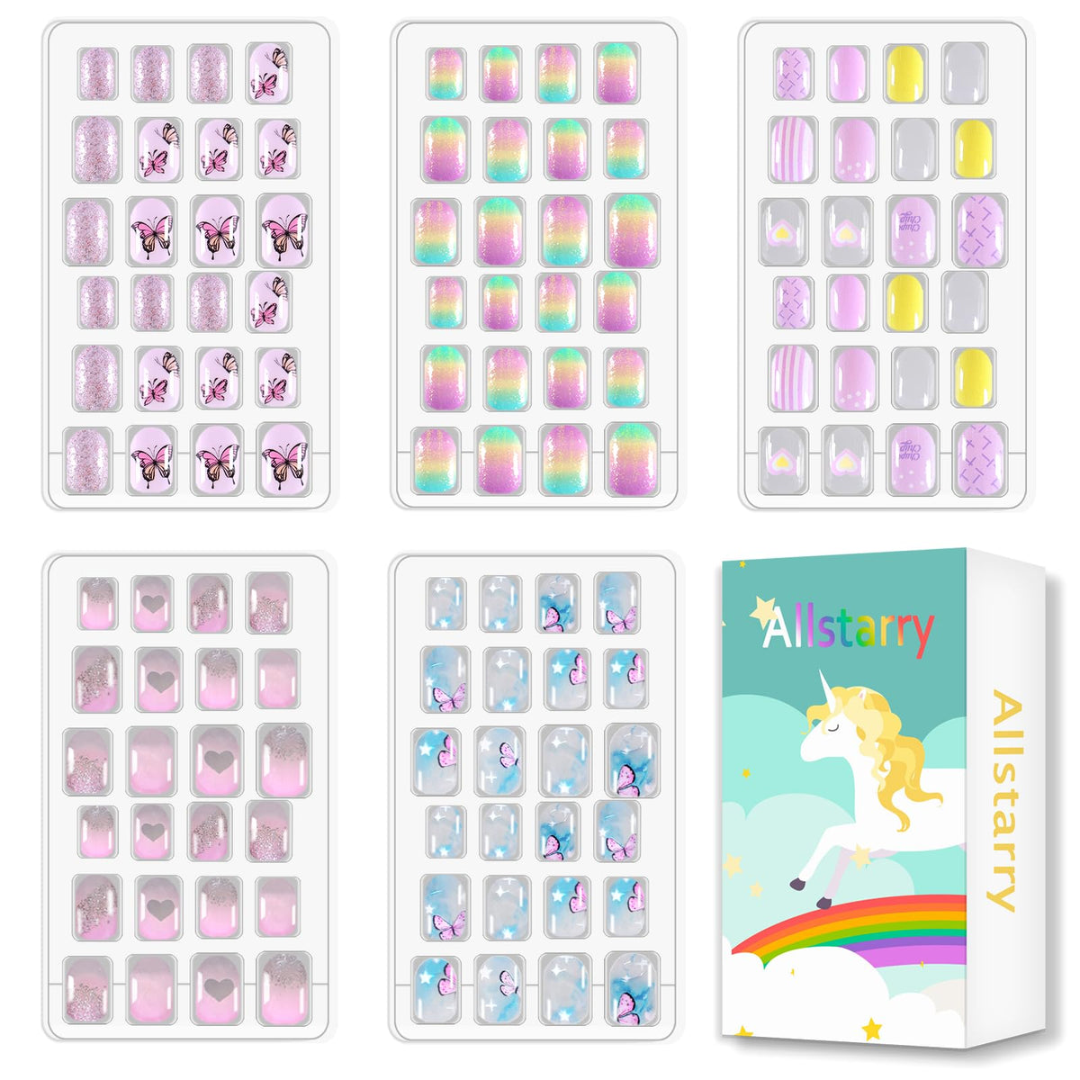 Allstarry 120Pcs 5 Pack Children Nails Press On Pre-Glue Full Cover Butterfly Stripe Gradient Short False Nail Kits Lovely Gift