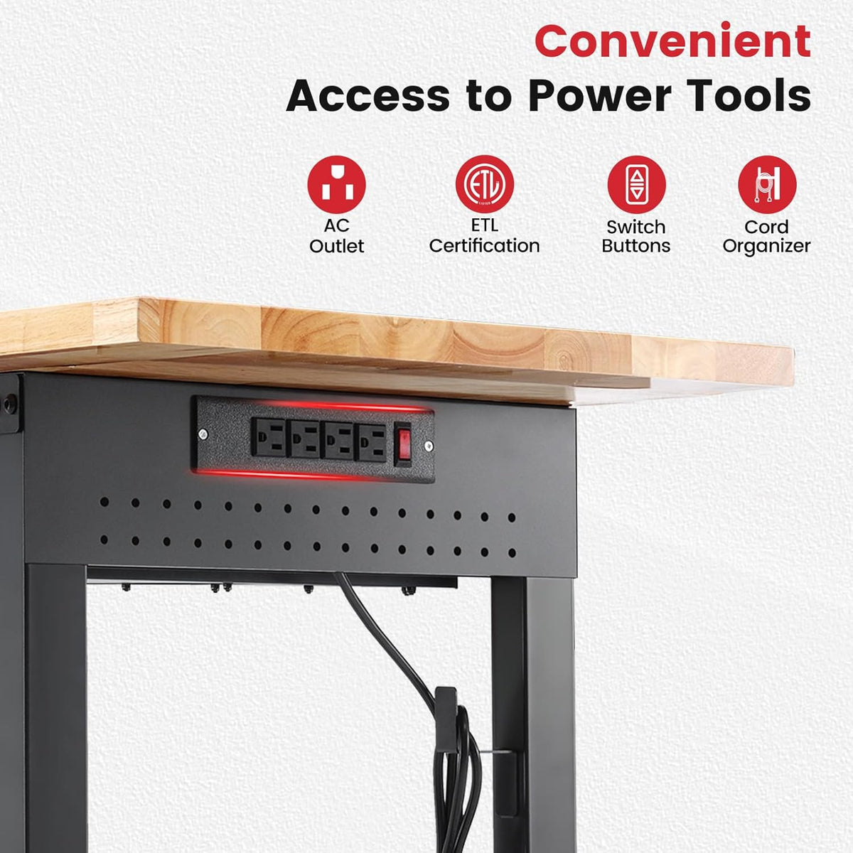 Work Bench for Garage with Drawers 60 x 22 Inch Heavy Duty Rubberwood Tabletop Work Table with Pegboard, Power Outlets Adjustable Workbench for Woodworking Shop, Home, Office, Electronic