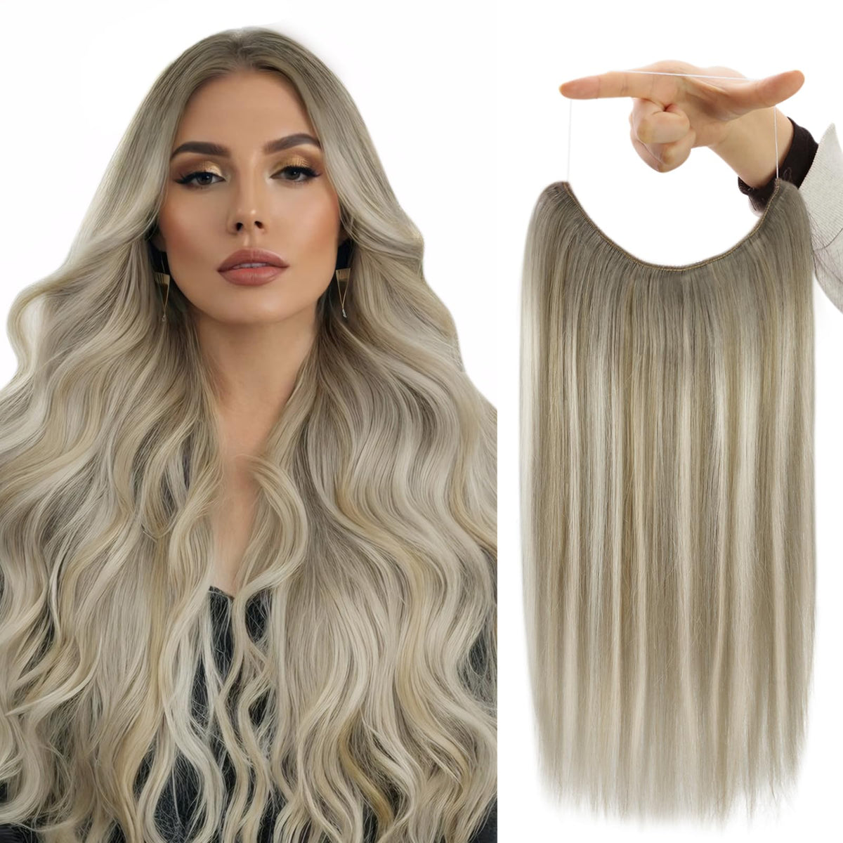 Fshine Wire Hair Extensions Balayage Clip In Hair Extensions Real Human Hair Grey To Platinum Blonde Human Hair Clip In Extensio