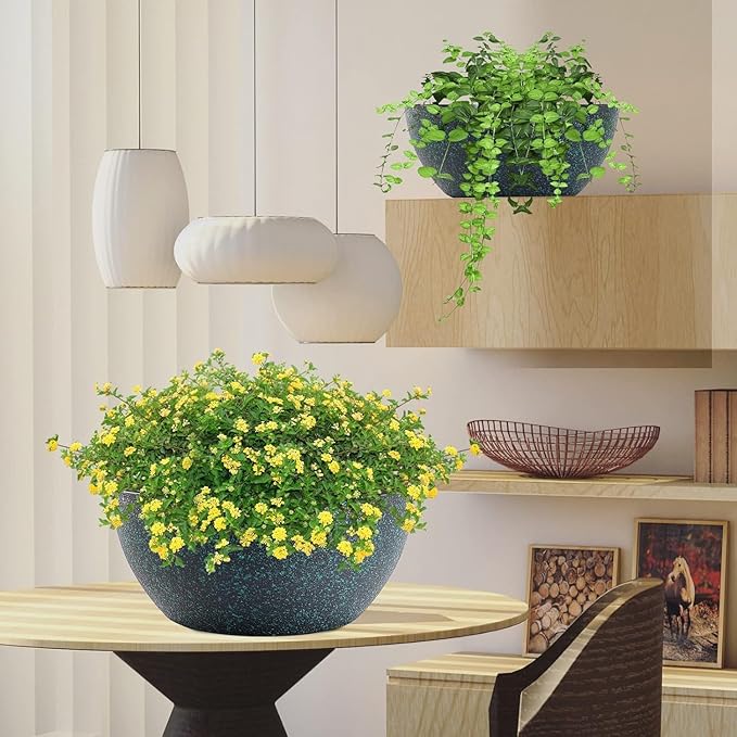 13inch Large Hanging Planters Pots for Outdoor Indoor Plants with Drainage Holes and Chain, 2pack Round Hanging Flower Pots for Garden Home Porch Decor, Black with Green Speckles