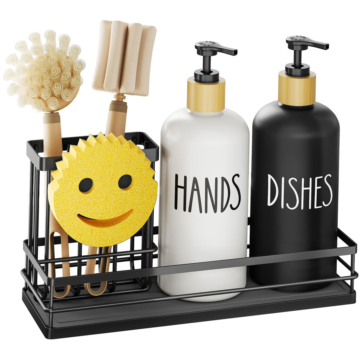 Moforoco Kitchen Dish Soap Dispenser Set, 16OZ Glass Bottle, Hand and Dish Soap Dispenser Set, Instant Dry Tray, Brush Holder with Smiley Face Sponge Holder (Black Tray+Black&White Bottle)