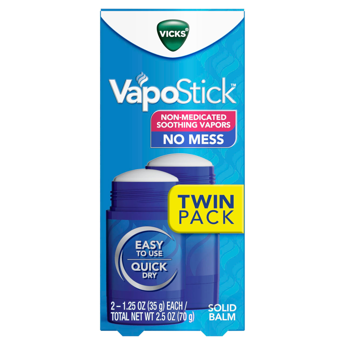 Vicks VapoStick, Solid Balm, No Mess, Soothing Non-Medicated Vicks Vapors, Easy-To-Use No-Touch Applicator, Quick Dry, Lightweight Skin Feel, 1.25oz x 2