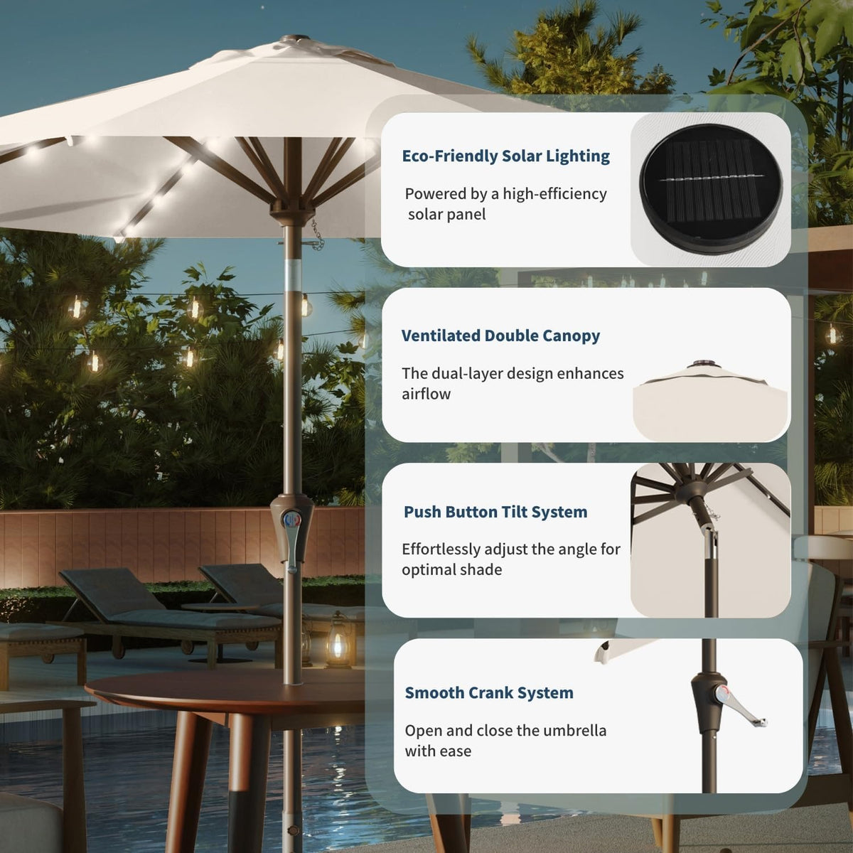 10FT Solar Umbrella 32 LED Lighted Patio Umbrella Table Market Umbrella w/Tilt and Crank, UV-Resistant Outdoor Umbrella for Pool, Garden, Deck, Creamy White