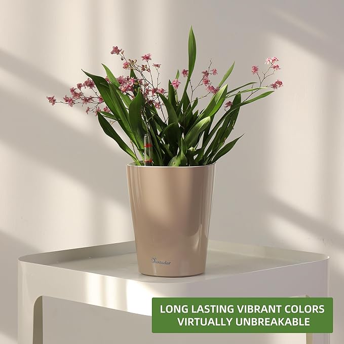 Dexceder 6x7 Self Watering Planter Indoor Outdoor, High Gloss Table Flower Plant Pot with Water Level Indicator (Taupe)