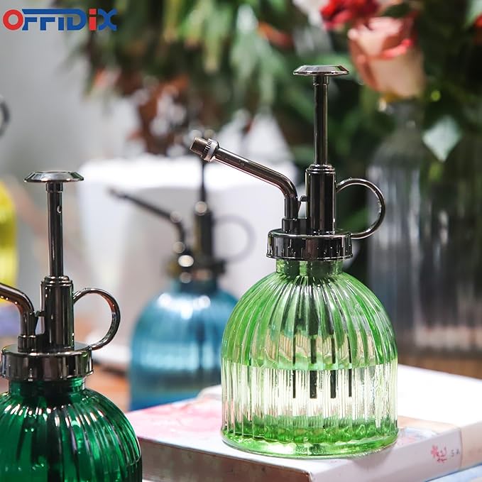OFFIDIX Glass Plant Mister, 6.3 Inches Tall Vintage Style Spritzer Bronze Plastic Top Pump One Hand Watering Can Indoor Plant Spray Bottle for Garden, Plants, Cleaning (Light Green)