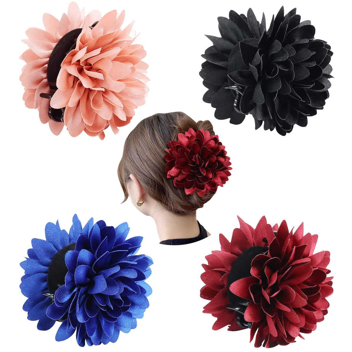 Cinaci 4 Pack Black Plastic Hair Claws With Big Large Satin Flower Daisy Bow Clips Barrettes Clamps Hair Bun Chignon Updo Holder