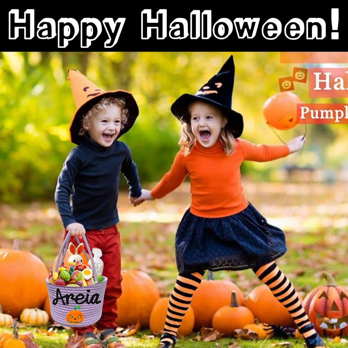 Personalized Halloween Basket, Trick or Treat Bags with Name for Kids Boys Girls Custom Woven Candy Bucket Pumpkin Gifts