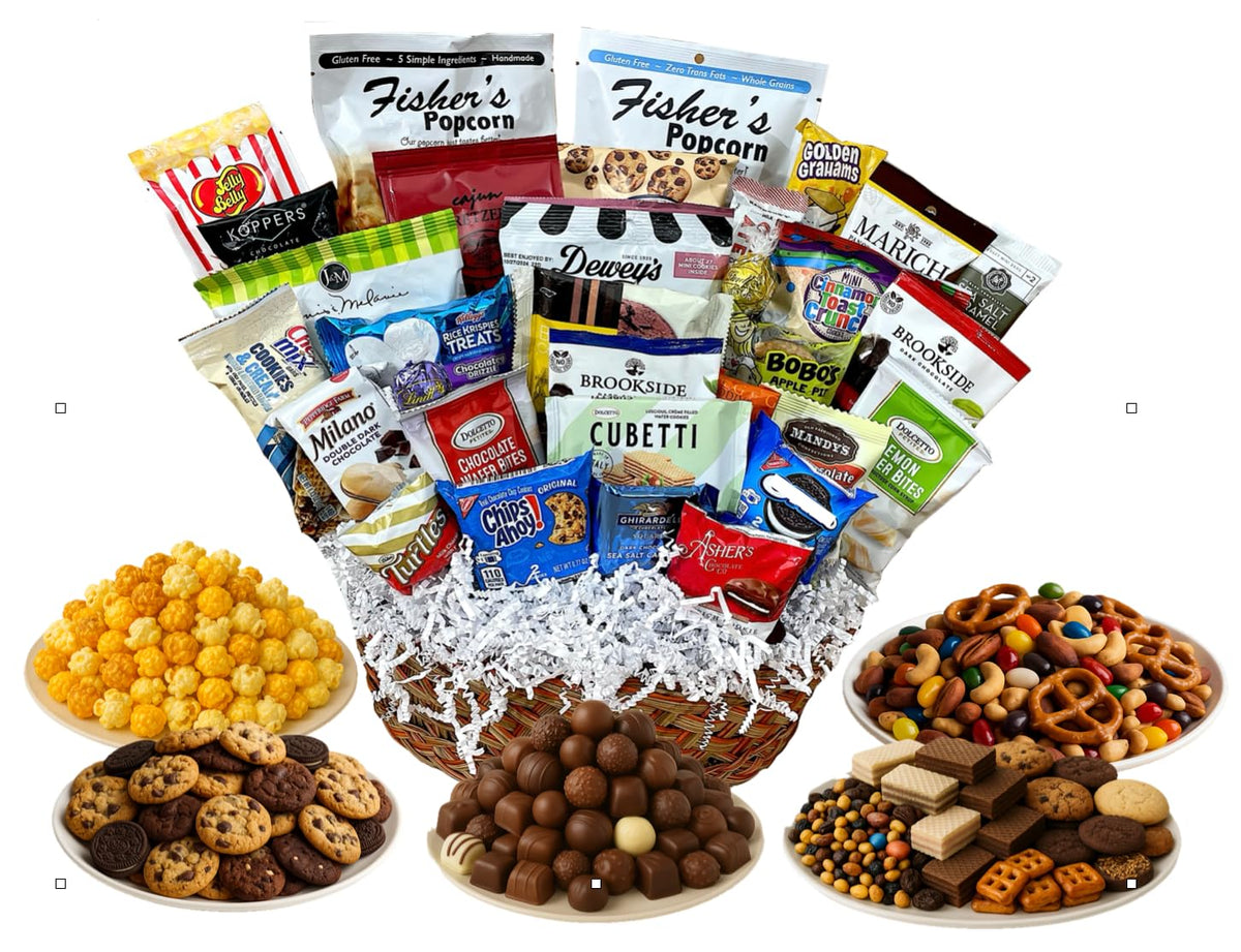 Handcrafted Gift Basket with Chocolates, Cookies, Snacks & Candy. Perfect for Birthdays, Sympathy, Holidays, Clients & Thank You Gifts (Premium