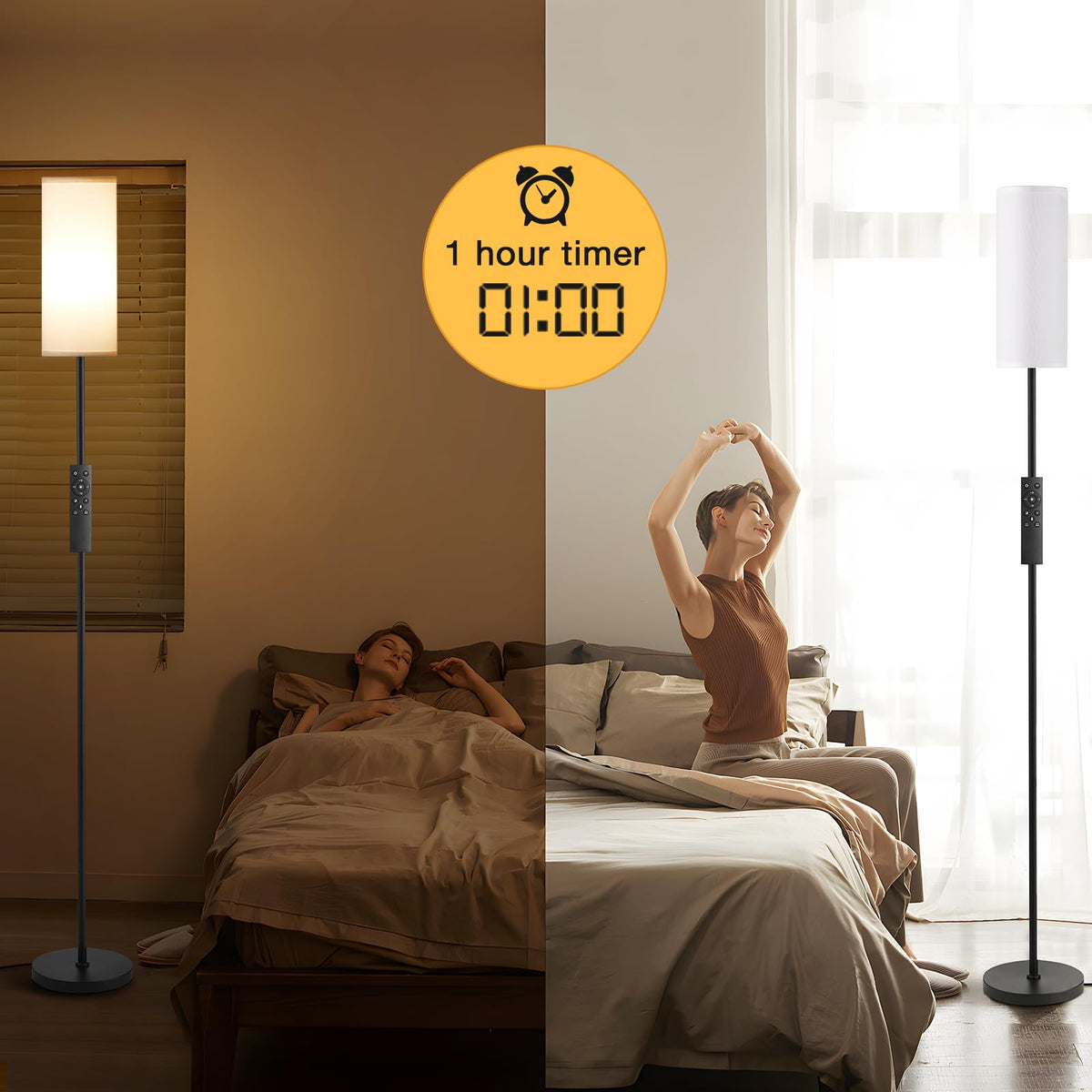 Ambimall 64'' Floor Lamps for Living Room with Remote Control and RGB + Stepless Dimmable Colors Temperature & Brightness, 9W Smart Bulb Included(White Shade & Black Pole)