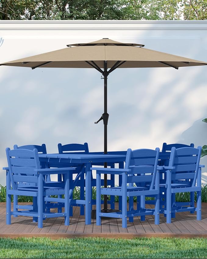 Patio Dining Set for 6 with Umbrella Hole - 66" Outdoor Table & 6 Chairs, All-Weather HDPE Outdoor Furniture for Lawn, Garden, Backyard, Poolside, Navy