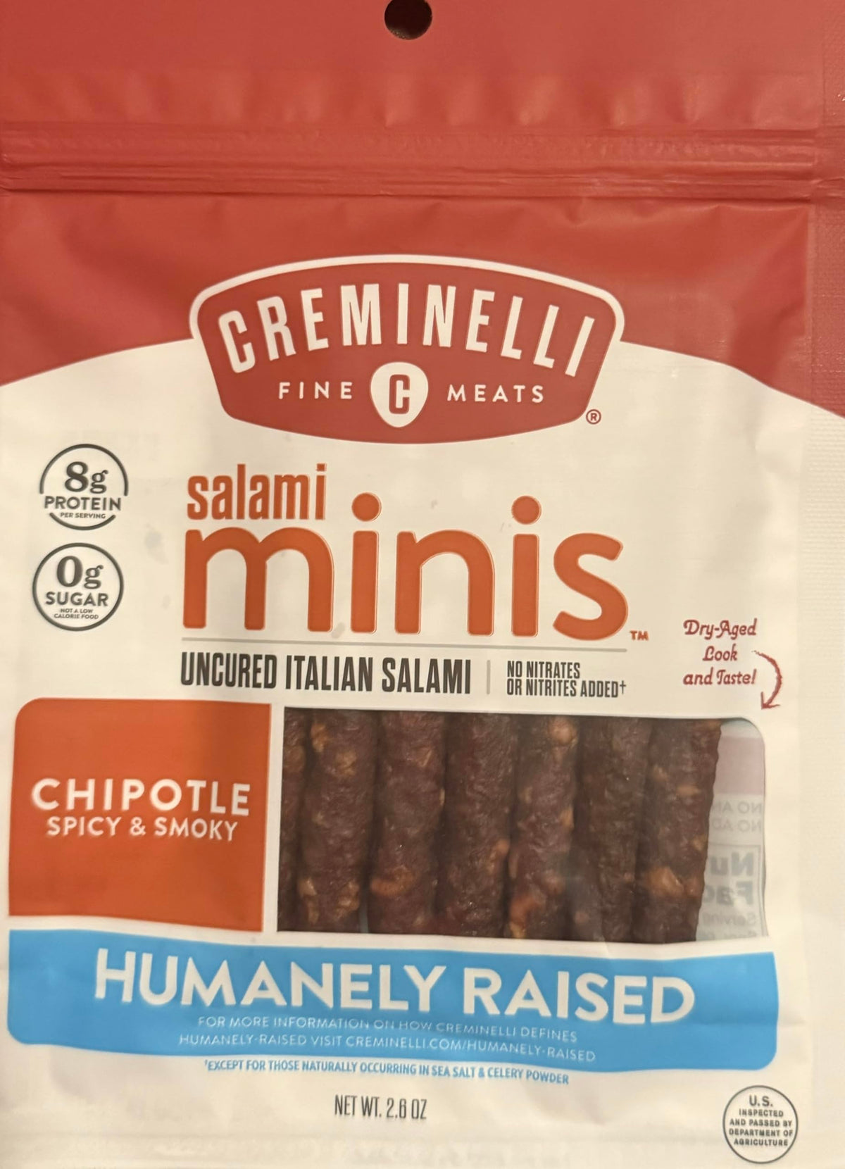 Salami Minis, Chipotle Spicy & Smoky, Uncured Italian Salami, Humanely Raised, 2.6 oz, 6 Pack