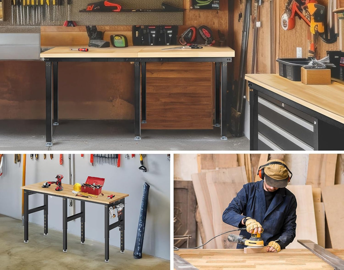 72” Adjustable Height Workbench, 5000 LBS Heavy Duty Table Rubber Wood Workstation with Power Outlet & Pegboard for Garage, Office, Workshop, Home,Commercial