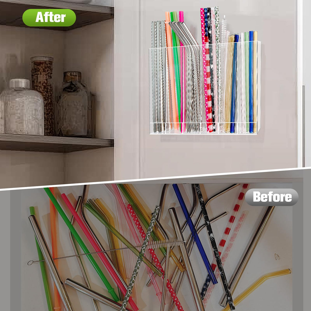 9.6” Large Acrylic Straw Holder for Cabinet Door - 6 compartments, easy to clean, Reusable Tumbler Straw Organizer Storage, Small Kitchen Accessories Container, Ultra Sticky Cupboard Door Mounted