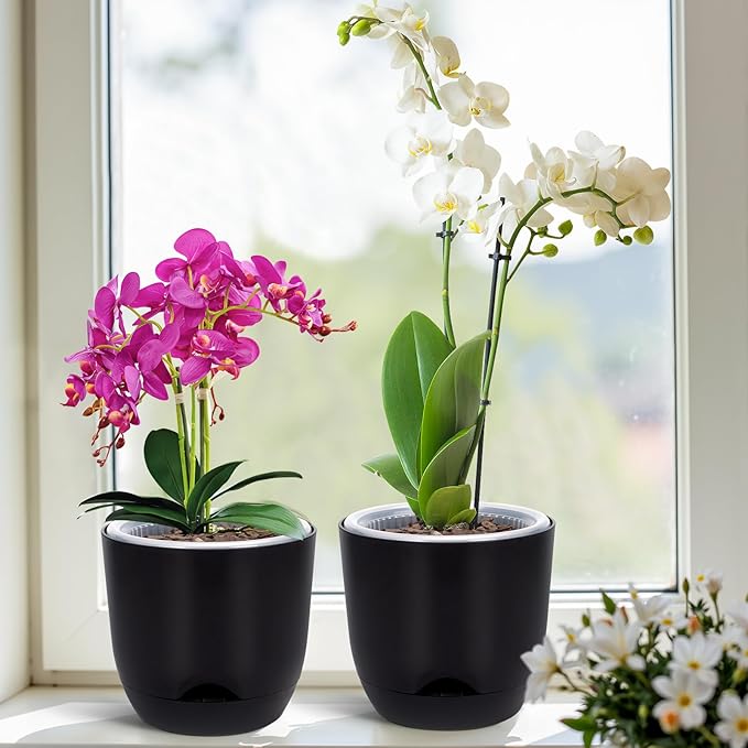 QCQHDU 2 Pack Orchid Pots with Holes for Repotting, Double-Layer and Self Watering Orchid Pot with Good Air Circulation
