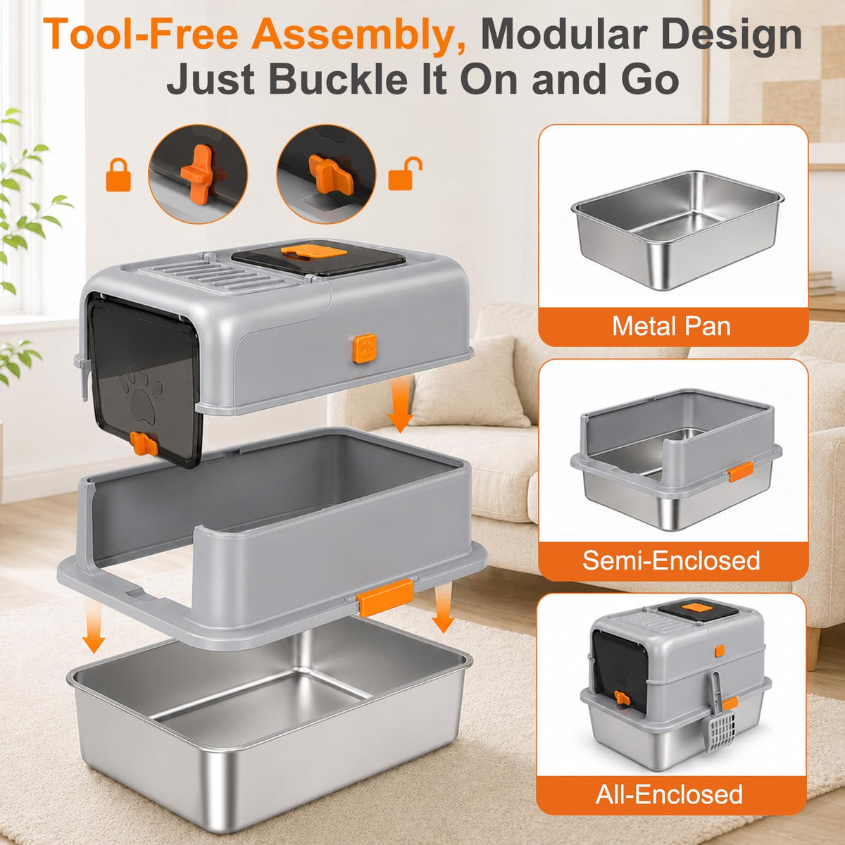 Stainless Steel Cat Litter Box with Lid, High Sided Enclosed Litter Box