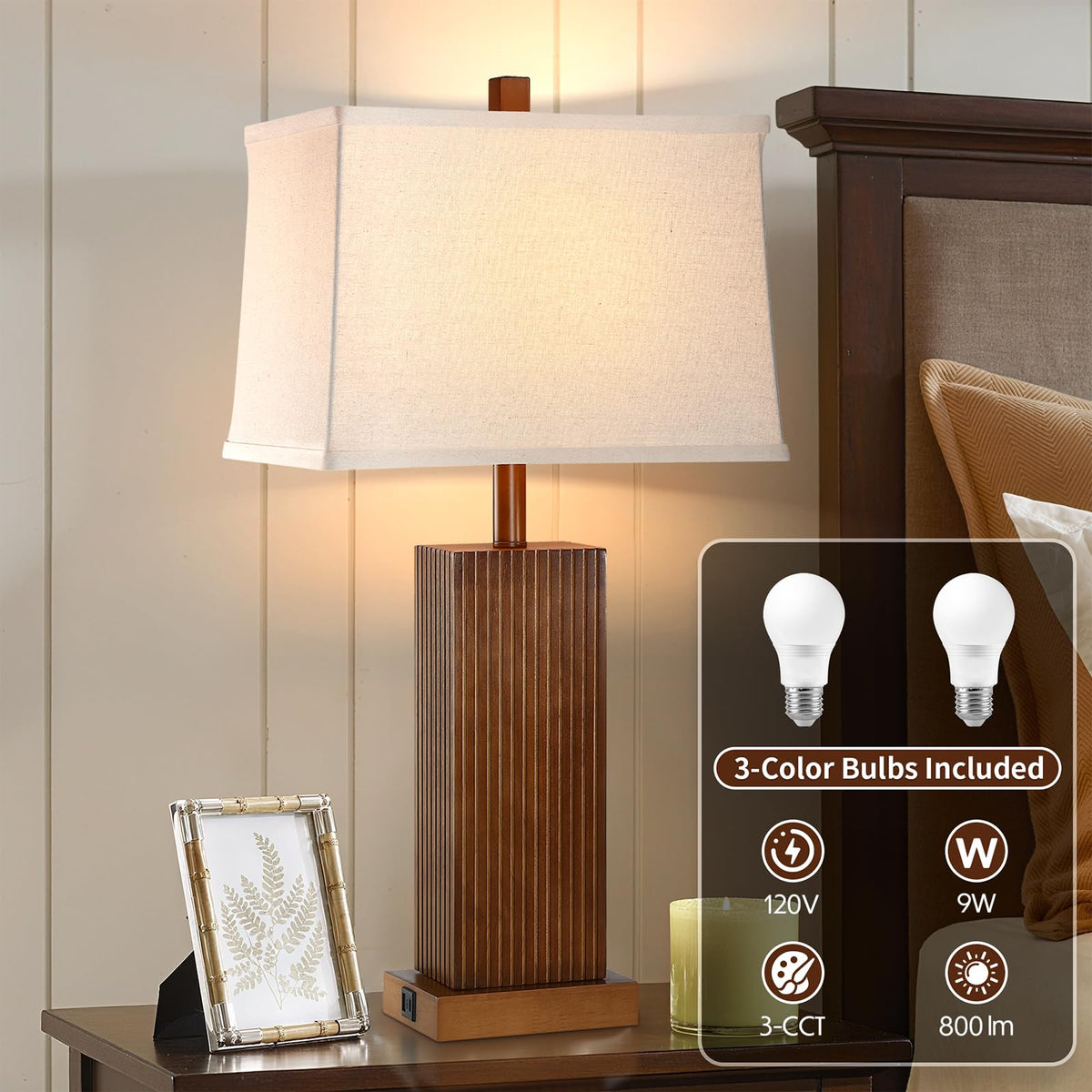 Lovlast 27.5" Wood Table Lamps Set of 2 for Bedroom Living Room (Walnut)
