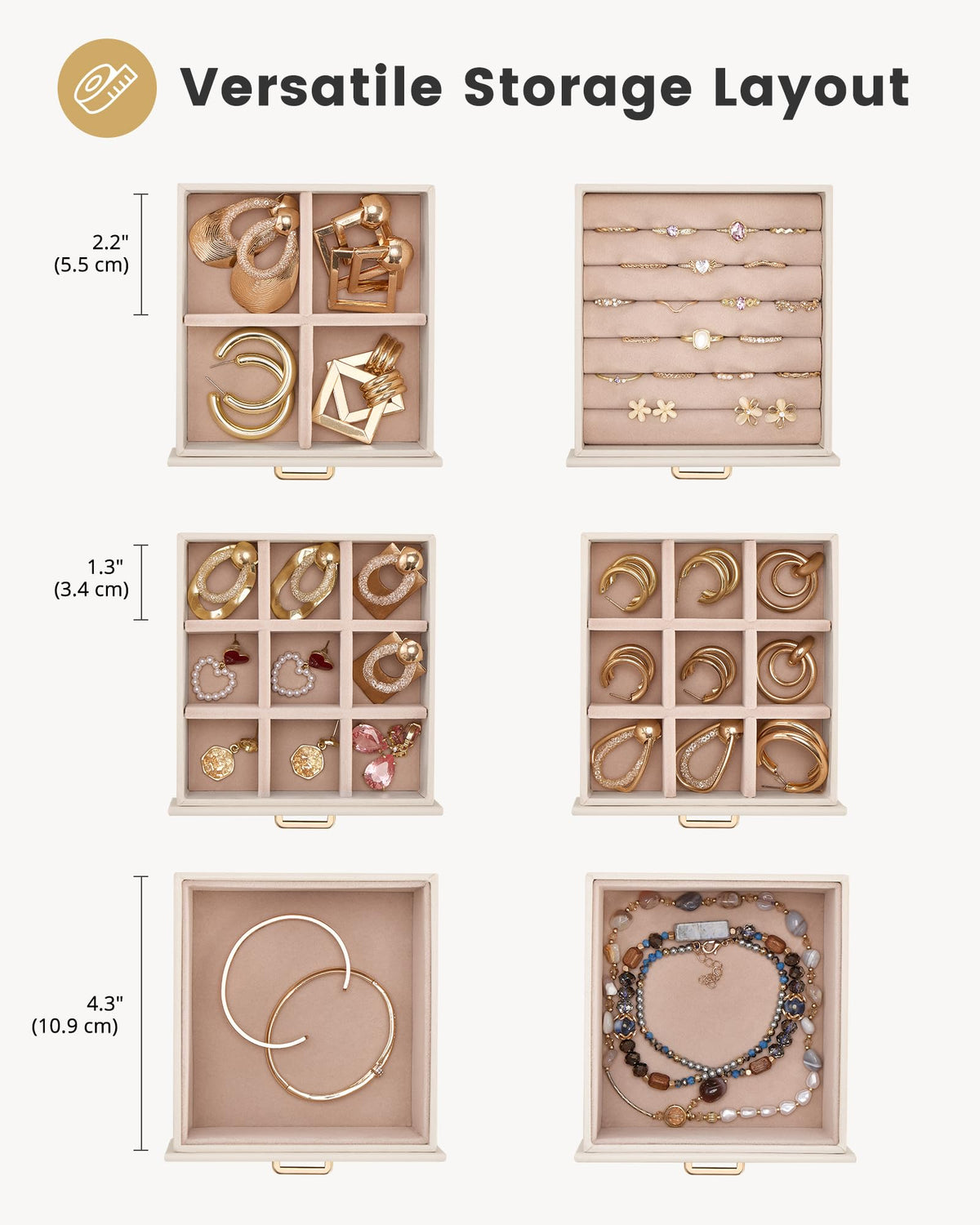 Lolalet Large Jewelry Box Organizer for Women, PU Leather Jewelry Case with Necklace Holder & Multiple Drawers, Tabletop Dresser Storage for Earrings Rings Chains, Gift for Girls -M, Beige
