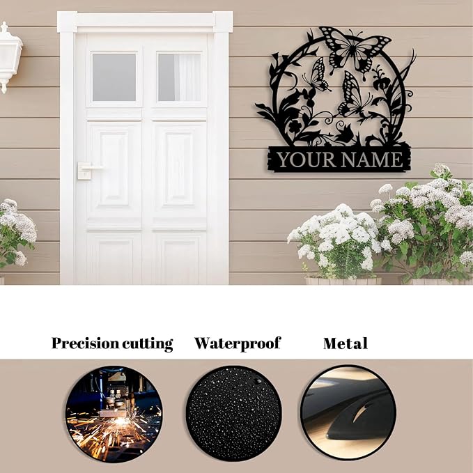 Custom Butterfly Metal Sign,Personalized Butterfly House Number Signs,Personalized Gardener Name Sign,Garden Patio Wall Decor (Style-4)