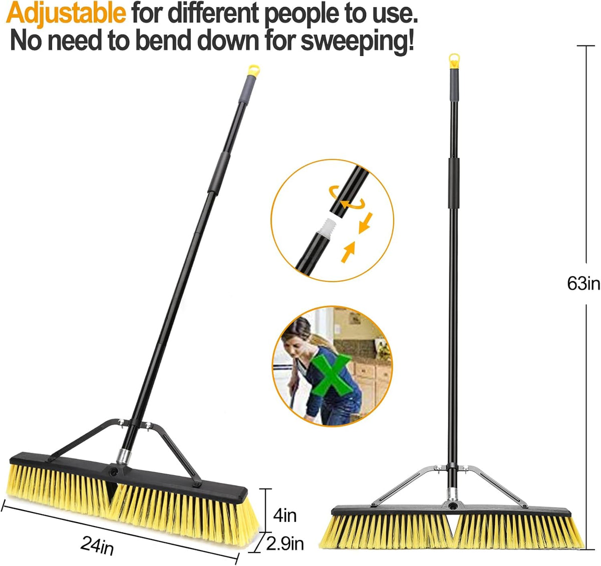 24 Inches Push Broom Outdoor Heavy Duty Broom with 63" Long Handle for Deck Driveway Garage Yard Patio Concrete Floor Cleaning Yellow