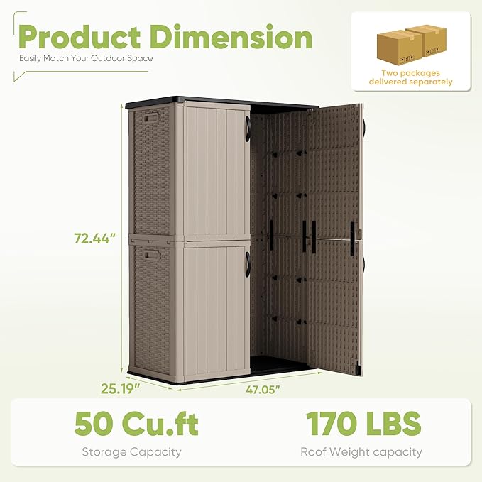 Devoko Outdoor Storage Cabinet 50 Cu Ft with Lockable Doors, Vertical Storage Shed Waterproof Patio Tools Storage Box for Sofa Cushions, Gardening Tools and Accessories (Beige)