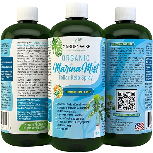 Organic Marina Mist Foliar Spray for Monstera, Philodendron, Elephant’s Ear and Other Tropical Houseplant | Liquid Fertilizer | Micro Nutrients for Vital Health | Liquid Plant Food (8 OZ)