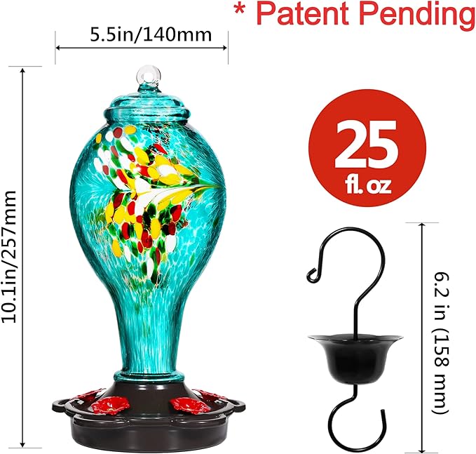 LUJII Hummingbird Feeder for Outdoors, Hand Blown Glass Humming Bird Feeder, Anti Fade Leakproof with 25 Ounces Nectar Capacity, Easy to Install Clean Refill, Include Hook & Ant Moat (Teal)